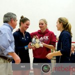 Tournament Director Craig Thorpe-Clark presenting Yale’s seniors, Logan Greer, Sarah Toomey, and Caroline Reigeluth,  with the 2011 Howe Cup Trophy.