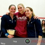 Yale’s seniors, Logan Greer, Sarah Toomey, and Caroline Reigeluth, with the 2011 Howe Cup Trophy.