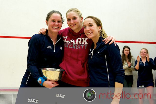 Yale's seniors, Logan Greer, Sarah Toomey, and Caroline Reigeluth, with the 2011 Howe Cup Trophy.